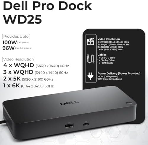Dell Pro Dock WD25 side profile highlighting the compact multi-port USB hub architecture.