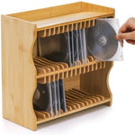 Natural wood desktop media holder stand for thirty two compact discs