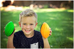 Three pack of neon small foam footballs for toddlers arranged neatly on a neutral background.