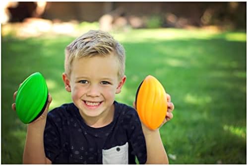 Three pack of neon small foam footballs for toddlers arranged neatly on a neutral background.