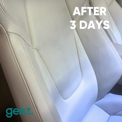 Geist ink remover being applied to a blue jean dye stain on a car seat.