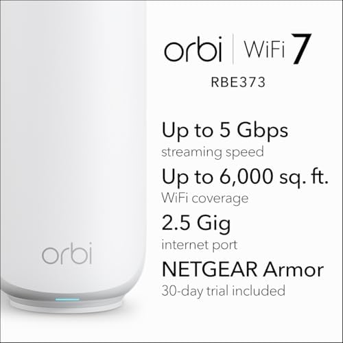 Netgear Orbi RBE373 wireless router and two extenders set up on a tabletop