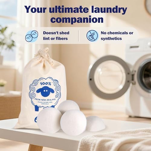 Hypoallergenic wool dryer spheres inside their included breathable cotton storage drawstring pouch.