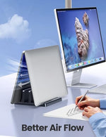Bottom view of Vaydeer adjustable laptop storage organizer showing base adjustment mechanism