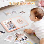 Side angle of the five by seven inch compact baby memory book filled with pictures.