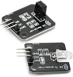 Gikfun infrared sensor kit showing the transmitter diode and receiver components prepared for breadboard prototyping.