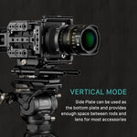Tilta cinema camera rig shown in a vertical shooting configuration with rods and tools