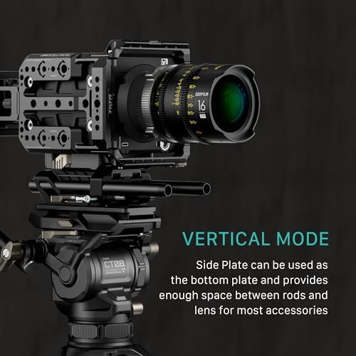 Tilta cinema camera rig shown in a vertical shooting configuration with rods and tools