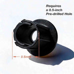 Side profile of the FANRTE low voltage wire wall bushing demonstrating the secure snap together mechanism.