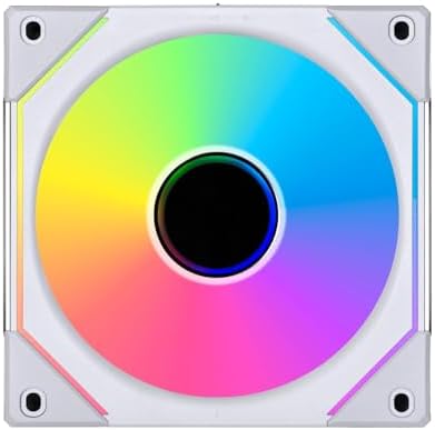 Lian Li white 120mm computer case fan highlighting the distinctive multi-layer 3D infinity mirror design on the center spindle