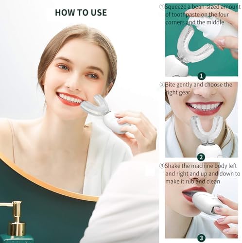 Hands-free automatic toothbrush showing the food grade silicone U-shaped head design