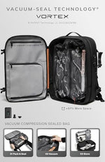 BlackVoyage Aero travel backpack side view showcasing the expandable zipper system and TSA lock.
