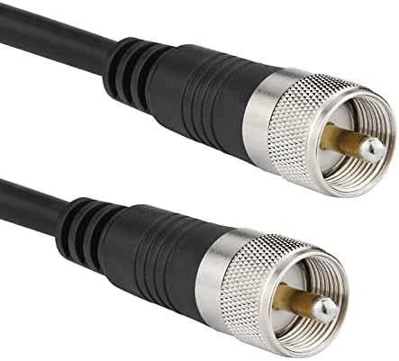 Close-up view of the nickel-plated brass PL259 male connectors on the low loss CB coax cable.