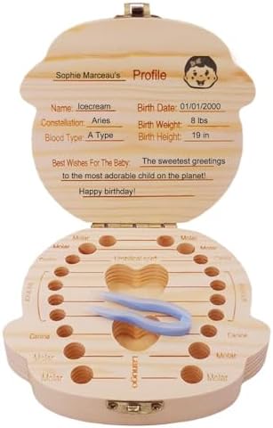 Close up of Pambo wooden baby tooth box lid with personalization fields