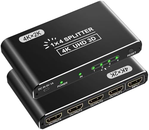 Closs 1 in 4 out HDMI distribution box showing the single input port and four output ports.