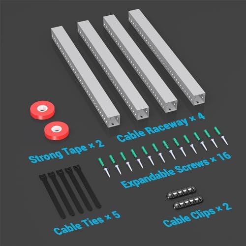 Complete contents of the premium cable trunking raceway kit including adhesive tape, screws, and ties.