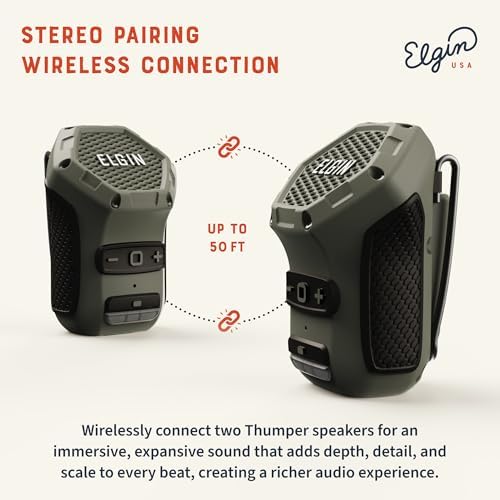Two Elgin Thumper clip-on Bluetooth speakers paired together for True Wireless Stereo audio functionality