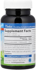Carlson brand 25000 IU beta carotene dietary supplement packaging displaying supplement facts panel