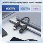 Cable Matters unidirectional 8K adapter highlighting the male DisplayPort connector side and the active status LED indicator light.