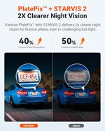 Vantrue three way triple car camera highlighting the ultra wide angle glass lenses.