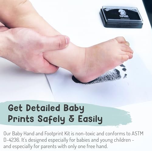 Safe baby ink pad being gently pressed onto a toddler foot for a memory scrapbook.