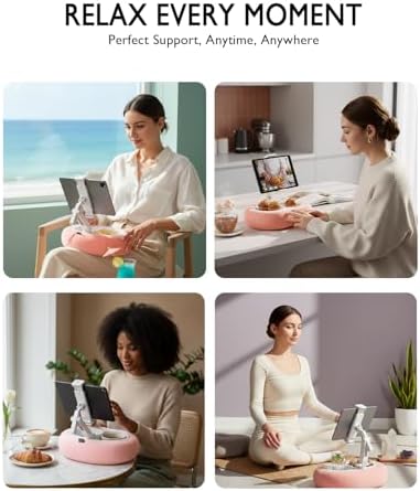 Ergonomic tablet cushion mount demonstrating the one hundred eighty degree adjustable folding dual arms