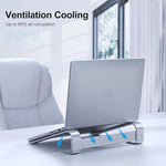 Ventilated cooling stand for laptop showing open frame airflow design
