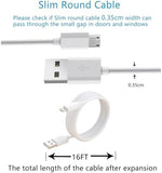 TEKCAM five meter long white micro usb cord showing metal connector pin closeup
