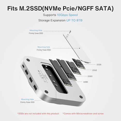 Premium Mac Mini M4 stand showing bottom integrated M.2 NVMe SSD enclosure slot