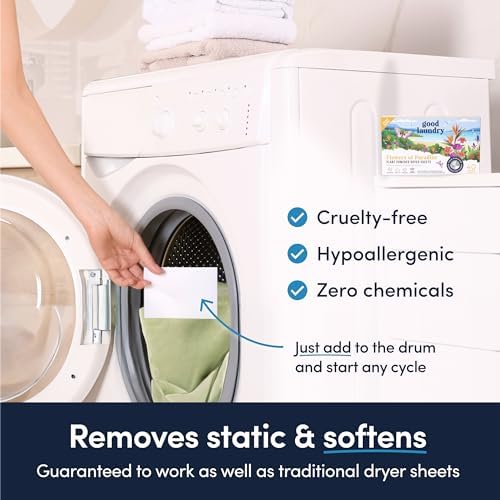 Good Laundry eco friendly biodegradable dryer sheet packaging back panel displaying chemical free ingredients