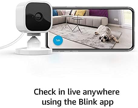 Rear view of the white Blink Mini showing the secure mounting stand plug-in power connection setup.