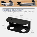 Step by step installation view of under desk laptop holder with drill tool.