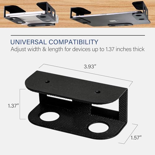 Step by step installation view of under desk laptop holder with drill tool.