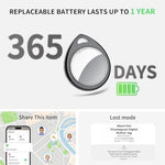 Water resistant black smart tracker tag attached to a ring of house keys.