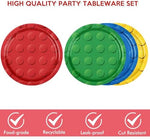 Kids birthday table setting with building block themed plates and napkins