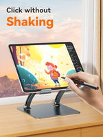 Side profile of Tounee gray aluminum tablet holder showing dual-rod adjustable height hinges.