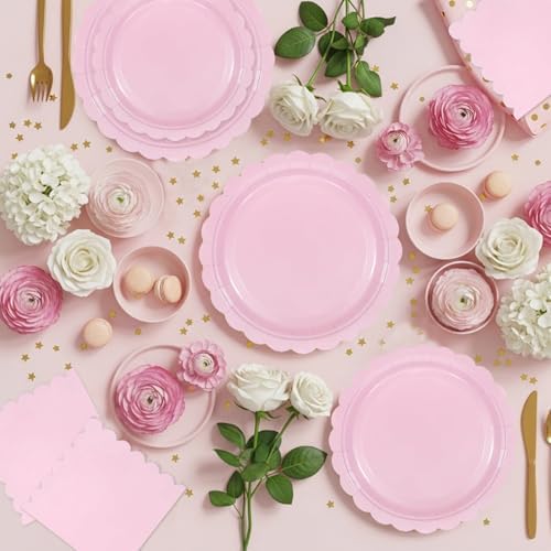 Disposable pink party tableware set for baby showers and weddings.