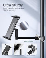 Three hundred and sixty degree swivel tilt adjustable mic tablet mount demonstrating portrait and landscape rotation options.