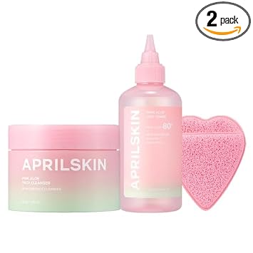 APRILSKIN Pink Aloe Trouble Soothing Duo package front view showing cleanser toner and heart puff for authentic Korean skincare routine