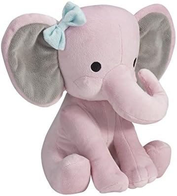 Hazel the pink elephant plush with gray ears and blue bow