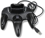 Top perspective of the black retro computer controller highlighting the yellow buttons and red start button
