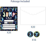 Premium thick cardstock trampoline park party invitations spread out with white envelopes