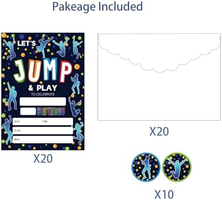 Premium thick cardstock trampoline park party invitations spread out with white envelopes