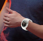 Side angle view of the durable silicone replacement watch strap highlighting the precise button cutouts