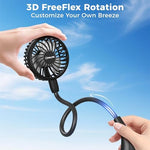 Wearable personal fan in black displaying adjustable 360 degree rotation feature