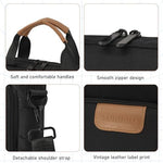 TORIBIO tablet sleeve bag being placed smoothly inside a larger travel backpack for dual layer protection.