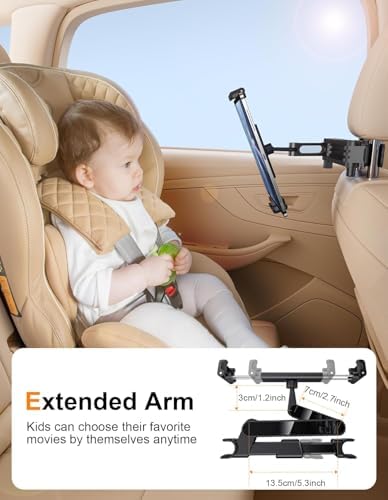 LMADFLY backseat tablet holder with adjustable extension arm extended to center