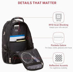 Ergonomic rear view of SwissGear tech backpack highlighting the Airflow padded back panel and shoulder straps.