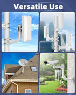 Outdoor installation view with a client CPE bridge mounted to the KORYCE J pole.
