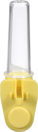 JW bird waterer mounted on wire cage showing spout
